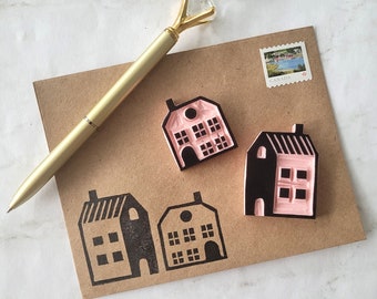 Scandinavian Houses Rubber Stamp Set, Planner stamp, Block Printing Stamp Houses Design, Scrapbooking Pattern Scandi Houses | Salt & Paper