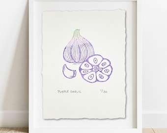 Purple Garlic Limited Edition Print: Hand-Carved Lino Cut, Kitchen Art