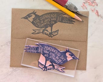 Blue Jay Return Address Rubber Stamp: Bird Letter Writing Stationery