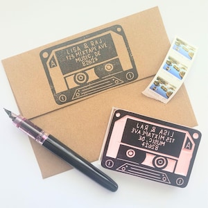 Adresstempel mixtape, mixtape, retro, trouwkaart, bewaar deze datum, adres voor koppels, retouradres, muziekcassette | Zout en papier