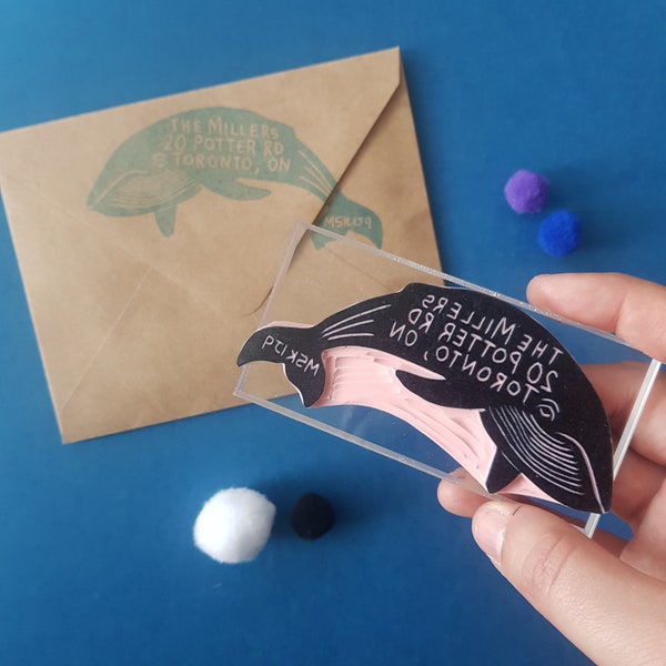 Tampon d'adresse baleine, tampon d'adresse baleine bleue, cadeau de pendaison de crémaillère pour amis qui aiment les animaux ou la mer, fête des mères | Sel et papier