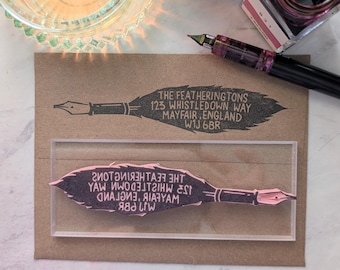 Feather Pen Return Address Rubber Stamp: Letter Writing Stationery