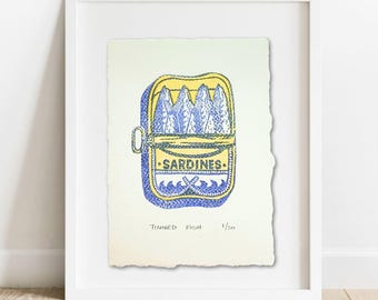 Limited Edition Tinned Sardines Print: Hand-Carved Lino Artwork