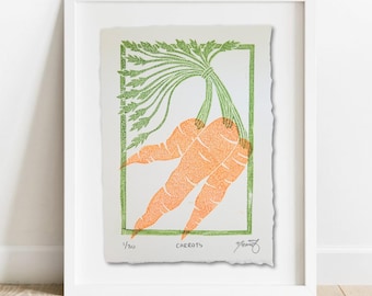 Carrot Print: Hand-Carved Rubber Stamp Art - 5x7" Limited Edition