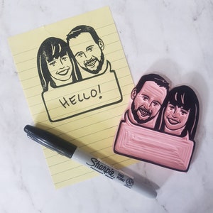 Tekstballonstempel met gezichten van stellen voor huwelijksuitnodigingen Save the Date-verloving of uniek gepersonaliseerd cadeau-idee | Zout en papier
