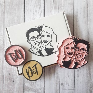 Sello de goma de regalo de retrato de boda con sello de monograma, idea única de regalo de boda o compromiso de parejas regalo de cumpleaños único / sal y papel