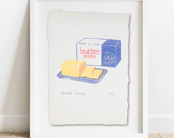 Limited Edition Butter Print: Hand-Carved Lino Block Print, Kitchen Art (5x7")