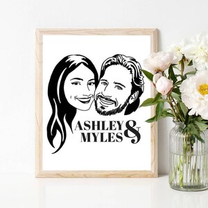 Aangepaste handgetekende huwelijkscadeau portret print, gepersonaliseerde handgetekende portret cadeau voor verloving, gezicht tekening print | Zout en papier