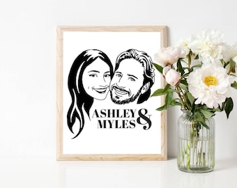 Custom Hand Drawn Wedding Gift Portrait Print, Personalized Hand Drawn Portrait Gift for Engagement, Face Drawing Print  | Salt & Paper
