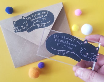 Cat Address Rubber Stamp, Sleeping Cat Return Address Stamp for Cat Lover's, Unique Customized Gift for Friend or Mom Mother| Salt & Paper