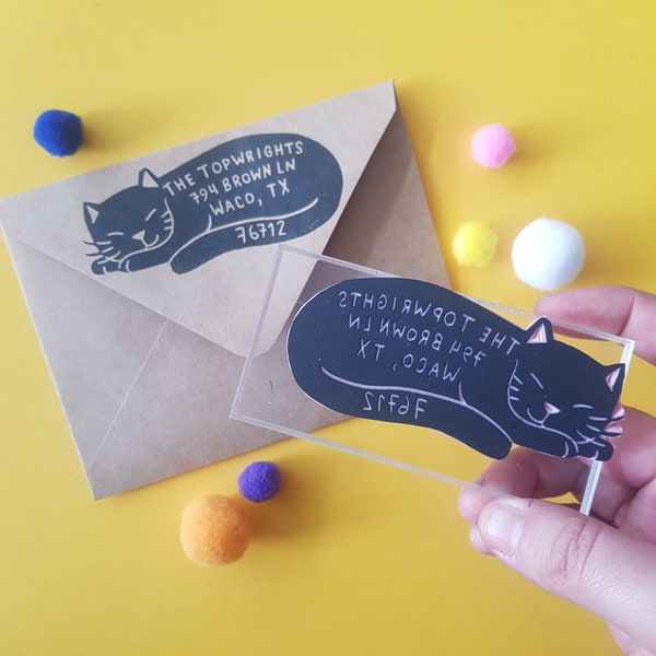 Kat adres rubber stempel, slapen kat retour adres stempel voor kattenliefhebber, unieke aangepaste cadeau voor vriend of moeder moeder| Zout & amp; Papier