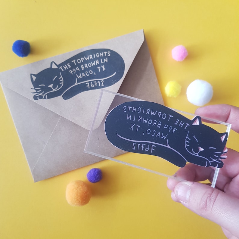 Cat Address Rubber Stamp, Sleeping Cat Return Address Stamp for Cat Lover's, Unique Customized Gift for Friend or Mom Mother Salt & Paper 画像 1