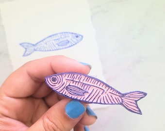 Hand Carved Sardine Rubber Stamp: Fish Block Printing for Scrapbooking