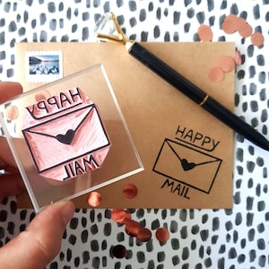 Timbro di gomma Happy Mail, francobollo per lettera con cuore, busta a cuore regalo Happy Mail per scrittore di lettere, timbro unico / sale e carta