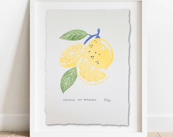 Lemons Limited Edition Print: Hand-Carved Lino Cut, Citrus Kitchen Art