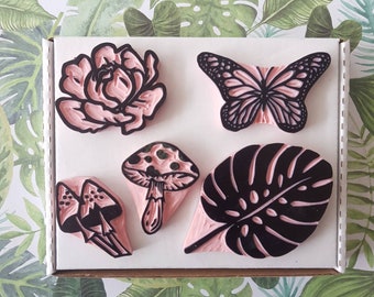 Flora & Fauna Rubber Stamp Pack: Butterflies, Bees, Mushrooms
