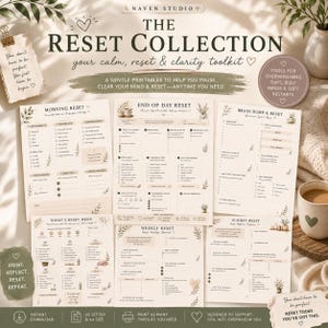 Könnte beinhalten: Eine Sammlung von sechs druckbaren Planungsblättern mit dem Titel The Reset Collection auf beigem Papier mit dunklem Text und botanischen Illustrationen. Die Blätter umfassen Morning Reset, End of Day Reset, Brain Dump, Today's Reset Menu, Weekly Reset und Sunday Reset.