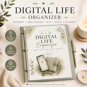 以下が含まれることがあります： セージグリーンの3リングバインダーに入ったDigital Life Organizerの印刷用ドキュメント。表紙にはスマートフォン、小さなノート、鍵、そしてDigital Life Organizer、Passwords、Logins、Secure Notesなどのテキストが記載されています。