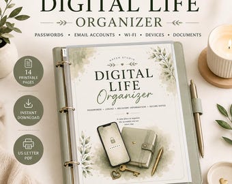 May include: A sage green three-ring binder containing a Digital Life Organizer printable document. The cover page features a smartphone, a small notebook, a key, and text including Digital Life Organizer, Passwords, Logins, and Secure Notes.