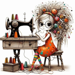 Quirky Sewing Clip Art 22 JPG ad alta risoluzione per acquerello per Junk Journaling, Scrapbooking, Card Making, Kit di download digitale, Fantasy, Stravagante