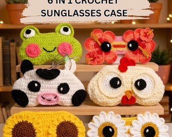 Paquete de patrones de estuches para gafas de ganchillo en PDF, 6 diseños Kawaii de rana, vaca, pollo, hibisco, girasol y margarita, patrón de soporte para gafas de ganchillo