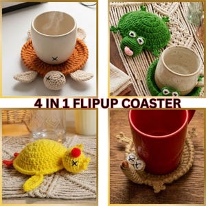 Puede incluir: Cuatro posavasos de crochet con forma de tortuga en varios colores, cada uno con un diseño único. Un posavasos es naranja con una cabeza de tortuga beige, otro es verde con una cara de rana, un tercero es amarillo con detalles rojos y el último es marrón.