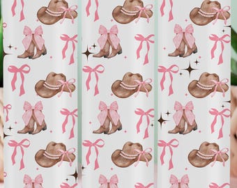 Coquette Cowgirl Boots and Bows Western Hat 20oz Skinny Tumbler Wrap Sublimation Design Pastel Pink Girly western cowgirl Digital Download