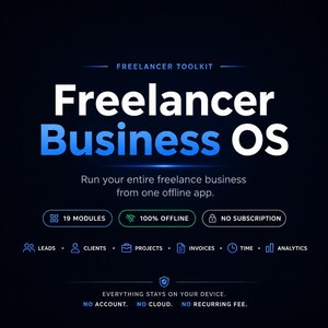 Pode incluir: Um gráfico de produto digital intitulado Freelancer Business OS, com o texto Run your entire freelance business from one offline app. Destaca 19 módulos, acesso 100% offline e sem assinatura. Ícones para leads, clientes, projetos, faturas, tempo e análises são exibidos.