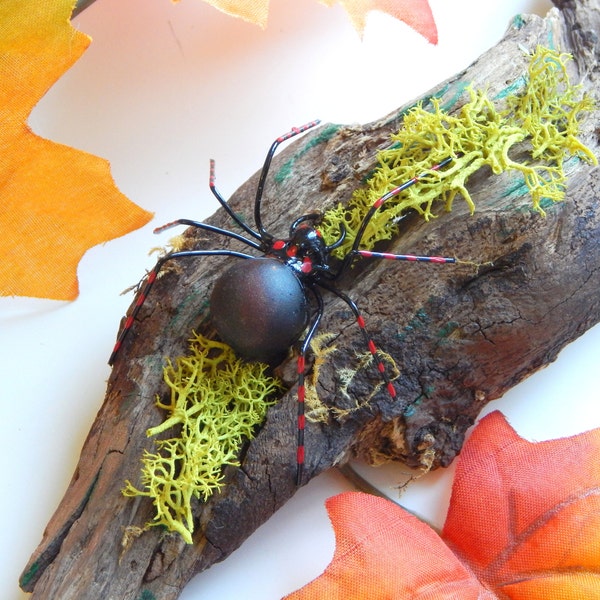 Small Driftwood With Small Black Spider Unique Gift for Nature Lover Desktop Ornament Halloween Decor OOAK