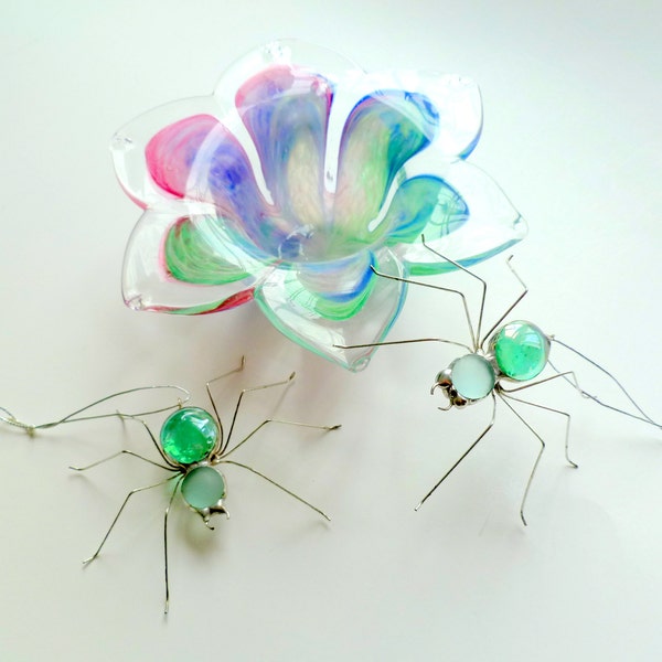 RESERVED for Lauren Mint Green Spiders Two Hanging Handmade Perfect gift for Entomologists and Bug Lovers