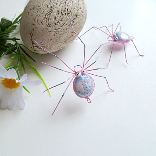 Two Medium Handmade Spiders in Pink and Blue