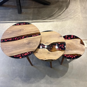 Handmade Walnut Epoxy Side Table Set with Dried Rose Petals