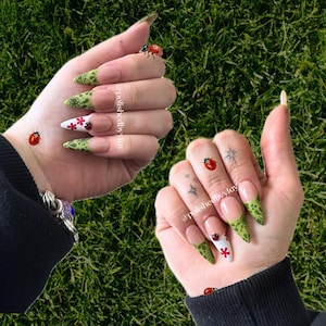 Ladybug and Leaves Set – Hand-Painted Green Press-On Nails with Leafy French Tips & Cute Bug Art