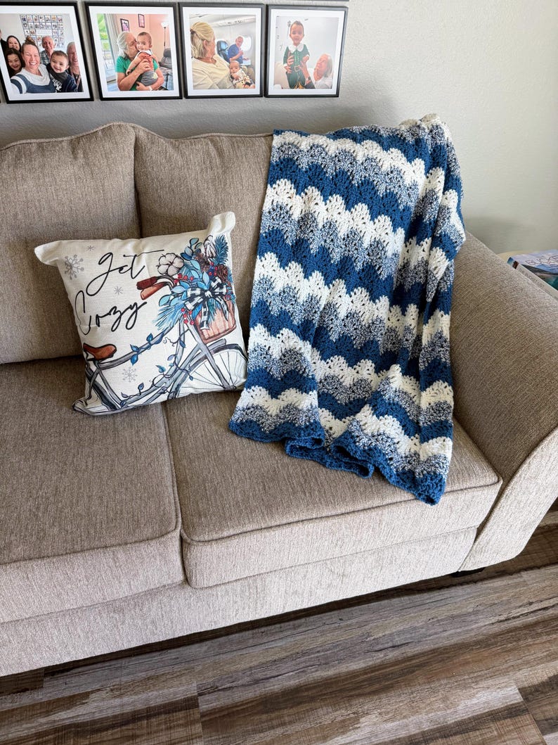 Denim Waves Handmade Afghan – Ripple Crochet Throw Blanket – 32x48 Cozy Lap Blanket image 3