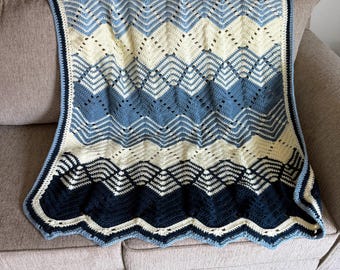 Blue Horizon Handmade Afghan – Chevron Crochet Blanket – 45x41 Cozy Throw