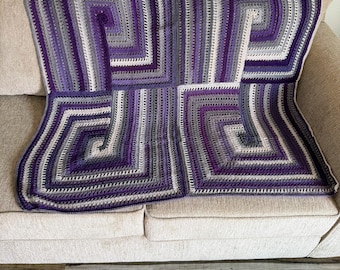 Plum Squares Handmade Afghan – Purple & Gray Geometric Crochet Throw – 42x44 Blanket