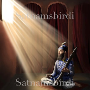 May include: A digital painting of a bearded figure wearing a blue turban and blue clothing, sitting cross-legged on a red mat while playing a stringed instrument. Bright light streams from a window, illuminating the figure and the text Satnamsbirdi.