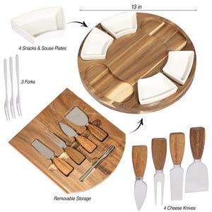 May include: A wooden cheese board set with a round serving tray, four white snack plates, and a removable storage section. The set includes three forks and four cheese knives. The round tray is 13 inches in diameter.
