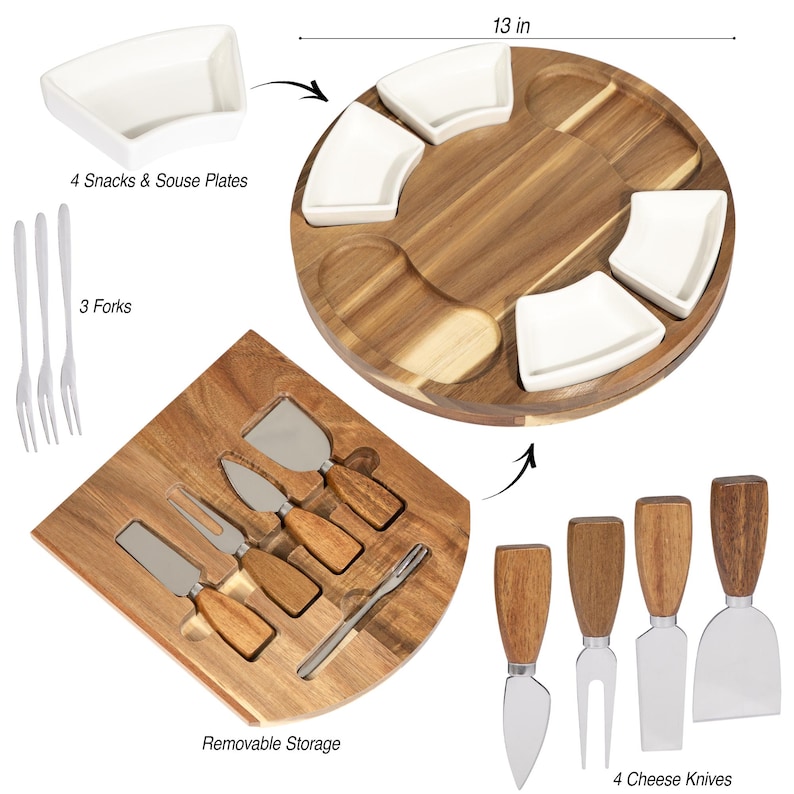 May include: A wooden cheese board set with a round serving tray, four white snack plates, and a removable storage section. The set includes three forks and four cheese knives. The round tray is 13 inches in diameter.