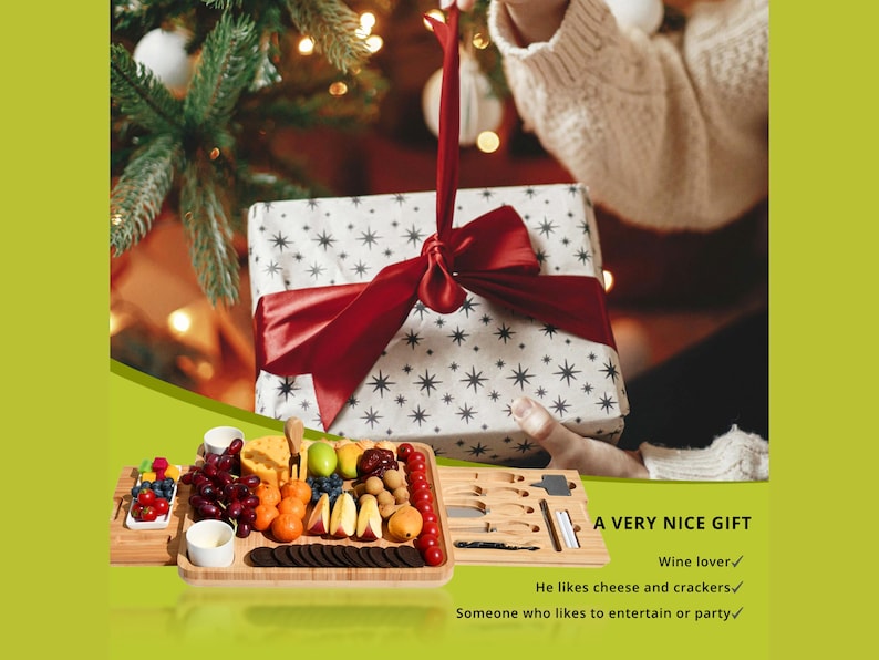May include: A gift set featuring a wooden charcuterie board with various fruits, cheeses, and crackers. Includes a set of knives and a gift box wrapped in white paper with a red bow. The text reads "A VERY NICE GIFT".