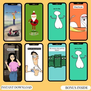 Może przedstawiać: Kolekcja ośmiu projekt&oacute;w ekran&oacute;w smartfon&oacute;w z r&oacute;żnymi ilustracjami i tekstem. Projekty obejmują Świętego Mikołaja, postacie z kresk&oacute;wek i tekst, taki jak "pov- it's summer", "Muthhal baby" i "My money after getting Salary". Widoczne są r&oacute;wnież słowa "INSTANT DOWNLOAD" i "BONUS INSIDE".