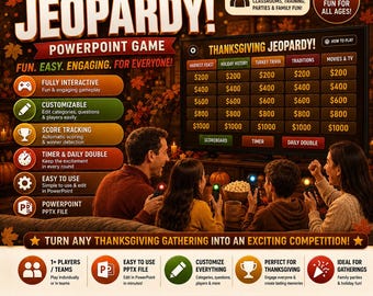 May include: A Thanksgiving Jeopardy PowerPoint game display featuring a digital game board with categories like Harvest Feast and Turkey Trivia. The interface includes score tracking, a timer, and daily double features, presented with autumn-themed graphics.