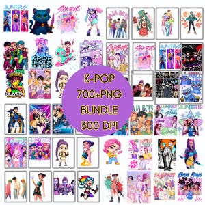 May include: A collection of K-Pop themed digital art images, including illustrations of anime-style characters and groups. The images are in various colors and styles, with text that reads "K-POP 700+PNG BUNDLE 300 DPI".