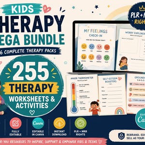 Può includere: Un pacchetto di prodotti digitali intitolato Kids Therapy Mega Bundle con 255 schede di terapia e attività. L'immagine mostra un computer portatile con esercizi sui sentimenti e fogli stampati su rabbia, autostima e tecniche di radicamento.
