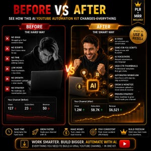 May include: A comparison graphic shows "Before" and "After" results of using an AI YouTube automation kit. The "Before" side depicts a frustrated man with low views and no strategy. The "After" side shows a happy man with increased views and revenue.