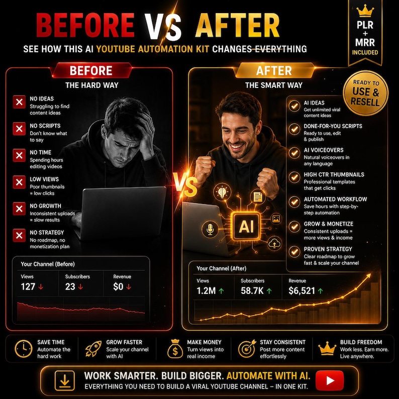 May include: A comparison graphic shows "Before" and "After" results of using an AI YouTube automation kit. The "Before" side depicts a frustrated man with low views and no strategy. The "After" side shows a happy man with increased views and revenue.