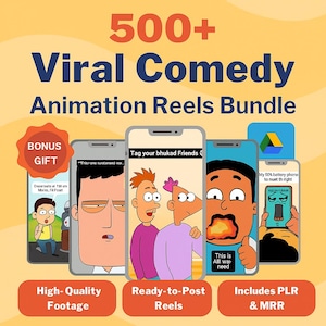 May include: A promotional image featuring a bundle of over 500 viral comedy animation reels. The image showcases several smartphones displaying animated characters and text, including "Tag your bhukad Friends" and "This is Alll war need". The image also includes the text "High-Quality Footage" and "Ready-to-Post Reels".