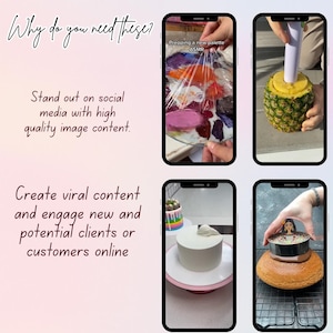 May include: A collage of four smartphone screens displaying content creation. One shows a palette of paint, another a pineapple being cored, a cake being frosted, and a cake being decorated. Text on the image reads: "Why do you need these? Stand out on social media with high quality image content. Create viral content and engage new and potential clients or customers online."