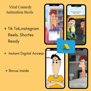 Może przedstawiać: Reklama cyfrowych rolek z animacjami komediowymi, wyświetlana na czterech smartfonach. Obraz zawiera tekst promujący "Viral Comedy Animation Reels" i "Instant Digital Access". Obecny jest r&oacute;wnież niebieski folder z logo Google Ads.