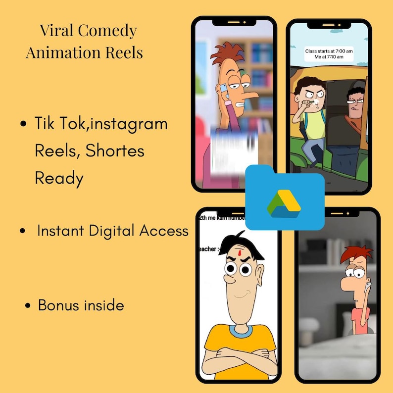 Może przedstawiać: Reklama cyfrowych rolek z animacjami komediowymi, wyświetlana na czterech smartfonach. Obraz zawiera tekst promujący "Viral Comedy Animation Reels" i "Instant Digital Access". Obecny jest r&oacute;wnież niebieski folder z logo Google Ads.